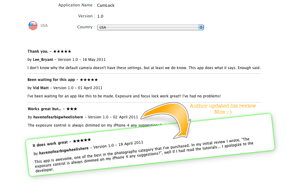 It does work great - 5 stars
<br/>by havenofearbigwheelishere - Version 1.0 - 19 April 2011
<br/>This app is awesome, one of the best in the photography category that I've purchased. In my initial review I wrote, 'The exposure control is always dimmed on my iPhone 4 any suggestions?', well if I had read the tutorials... I apologize to the developer.<br/>
Thank you. - 5 stars
<br/>by Lee_Bryant - Version 1.0 - 16 May 2011
<br/>I don't know why the default camera doesn't have these settings, but at least we do know. This app does what it says. Enough said.<br/>
Been waiting for this app - 5 stars<br/>by Vid Matt - Version 1.0 - 01 April 2011<br/>I've been waiting for an app like this to be made. Exposure and focus lock work great!! I've had no problems!